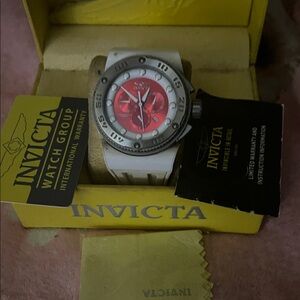 Invicta Akula sport 54mm White Strap Watch with Red Dial and Silver Bezel